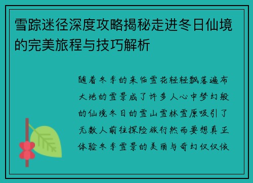 雪踪迷径深度攻略揭秘走进冬日仙境的完美旅程与技巧解析