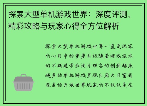 探索大型单机游戏世界：深度评测、精彩攻略与玩家心得全方位解析
